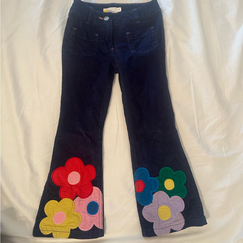Mini Boden Blue and Red Flare Wide Leg Bottoms with Floral Embellishments